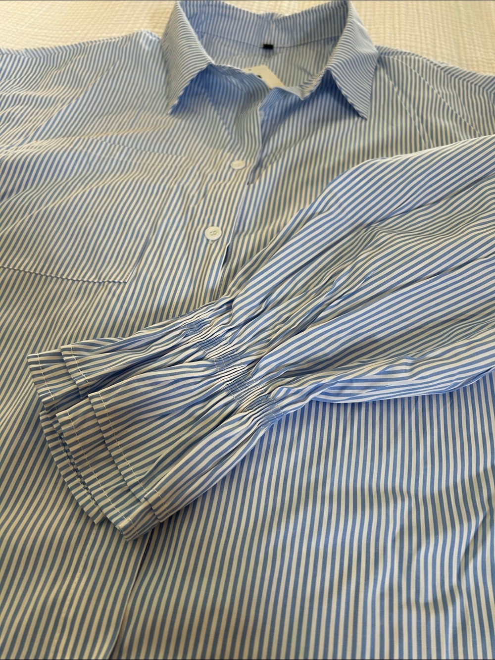 Blue and White Striped Button-Down Shirt with Pockets